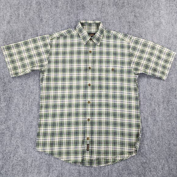 Woolrich Shirt Mens Medium Navy Mini Plaid Woven Short Sleeve Casual Button Up - Picture 1 of 16